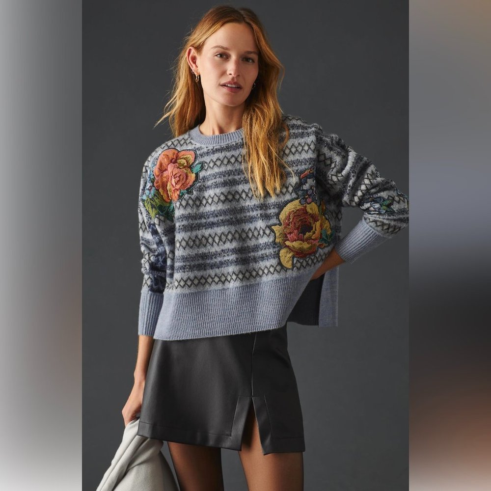 NWT Anthropologie Pilcro Fairisle Merino Sweater XXS Women's Blue Floral Flower